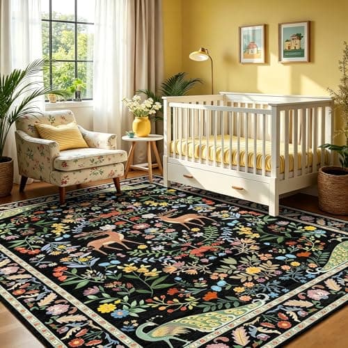 5x7 Black Washable Rug for Living Room - Foyer Rugs for Entryway, Bedroom, Home Office, Floral Indoor Décor - Thumbnail 5