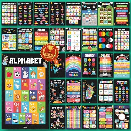 Excool Club 32 Chalkboard Educational Posters For Toddlers 1-3, Toddler Learning Posters For Kids Ages 3-5, Kindergarten Classroom Must Haves, Laminated Abc Number Chart Prek Classroom Decor Preschool - Image 1