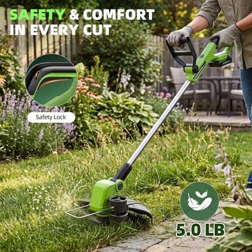 21V Weed Wacker Cordless & Lawn Edger, 9000RPM Electric Weed Eater with 2x2.0Ah Battery, 12" Auto Line Feed String Trimmer with 8 Pcs Spools, Lightweight Edger Lawn Tool for Yard, Green - Thumbnail 6