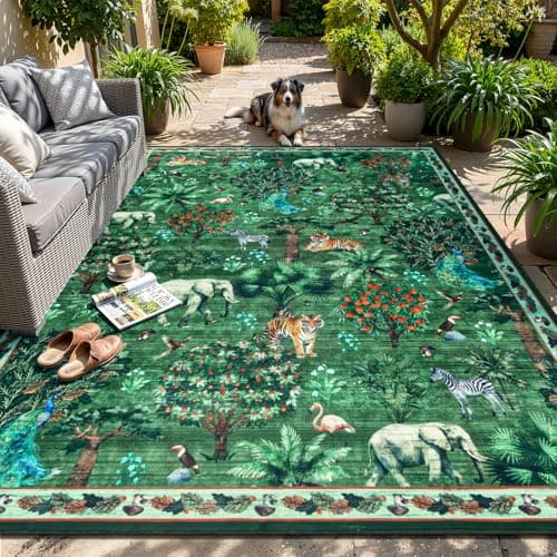 Yamaziot Washable Area Rug 8x10 – Jungle Animal Print Linen Rug for Living Room, Low Pile Non Slip Boho Floor Carpet for Indoor Outdoor Rug, Bedroom, Living Room, Dining Room, Forest Green - Thumbnail 2