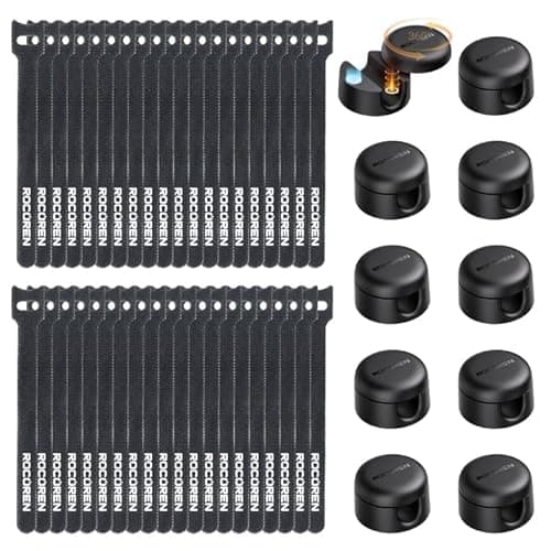 Rocoren 50 PCS Cable Management Kit 10 Magnetic Rotatable Cable Clips,40 Reusable Velcro Cord Organizer Straps, Cord Holder Accessories for Under Desk,Nightstand,Home and Office