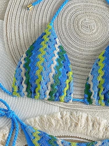 ZAFUL 2 Piece Triangle Bikini for Women Knitted Rope Halter Bikini Sets Sexy Bathing Suit Side Tie Swimsuits Beachwear Blue M - Thumbnail 3