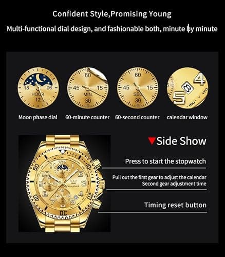 OLEVS Gold Watches for Men Luxury Business Casual Mens Wrist Watch Waterproof Stainless Steel Band Quartz Watch for Men with Day Date - Thumbnail 6
