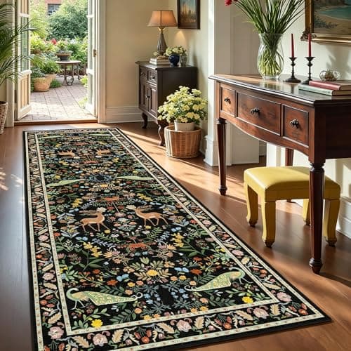 2x6 Black Bathroom Rugs - Washable Floral Runners for Kitchen Floor, Hallway, Low Pile & Soft Non Slip Bedroom Carpet with Rubber Backing, Dark Botanical & Animal Decor - Image 1