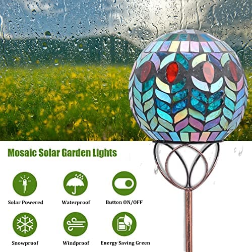 VCUTEKA Solar Outdoor Lights Garden Decor Mosaic Solar Garden Lights Waterproof Glass Ball LED Pathway Stake Light for Landscape Lawn Patio Yard Decoration 6 inch, Colorful - Thumbnail 3