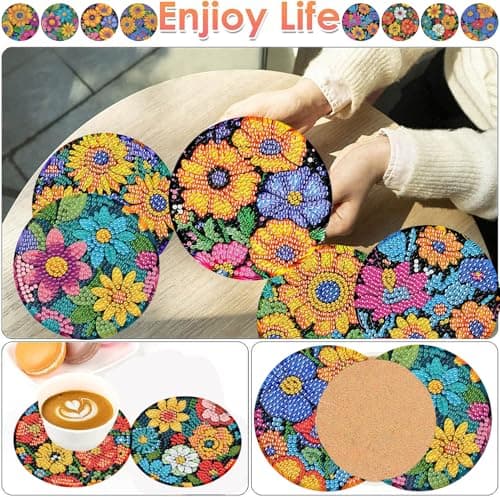 ijbnhd 8 Pcs Flowers Diamond Art Coasters with Holder-DIY Flowers Diamond Painting Coasters 5D Gem Art Coaster with Cork Pads for Adults (4X4inch) (Cork Wooden Pad) - Thumbnail 2