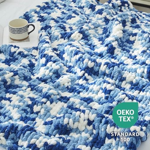 Amélie Home Chunky Knit Throw Blanket for Couch, Soft Chenille Crochet Blanket for Sofa, 50"x60", Space-Dyed Blue - Thumbnail 5