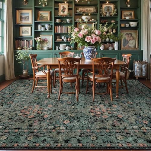 Farmhouse Dark Green Dining Room Rugs for Under Table - 6x9 Washable Cottagecore Distressed Low Pile Non Slip Flora Rug for Living Room, Bedroom, Nursery, Home Office - Soft Boho Moody Accent Mat - Image 1