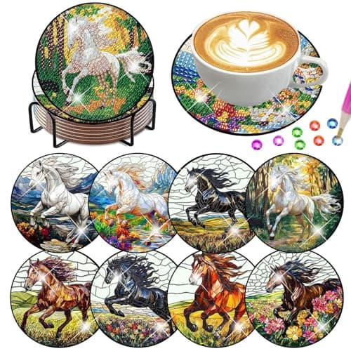 Lophomie 8 Pcs Diamond Art Coasters Kits for Adults with Holder Cork Pads, Diamond Painting Coasters, Diamond Dots Coaster Art Crafts Kit DIY Non-Slip for Home Office Decor 4x4in(Horse Theme) - Image 1