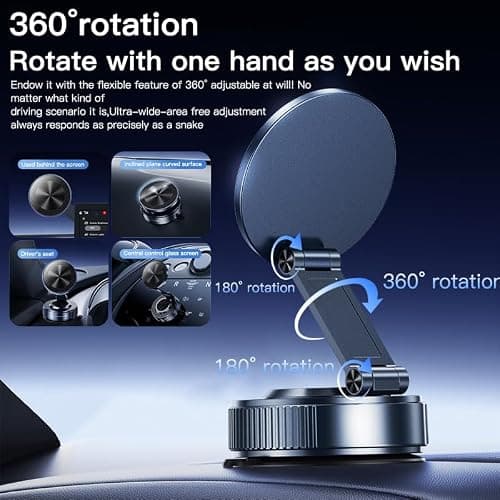 Ainid Magnetic Car Phone Holder for Magsafe[105+LBS & 3800gf Magnetic], Alloy 360° Folding Car Mount with Ultra Stable Suction Cup, Phone Holder Mount for Car/Mirror/Kitchen/Gym for iPhone & Android - Thumbnail 3