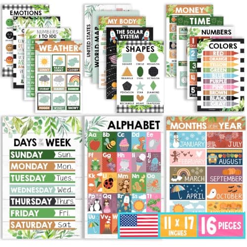 Hadley Designs 16 Educational Posters for Classroom Must Haves - Laminated Pre-K Posters for Toddler Homeschool Essentials, Toddler & Preschool Learning Activities, Kindergarten Classroom Decor - Image 1