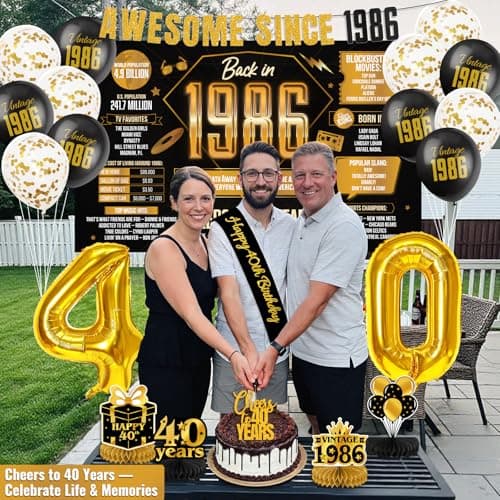 Vintage 40th Birthday Decorations for Men,Awesome Since 1986 Black Gold Backdrop Banner with Balloons, Retro Back in 1986 Party Decorations for Him, Husband, Dad - Thumbnail 6