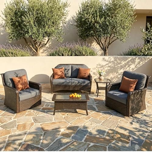 Tribesigns 5-Piece Outdoor Wicker Patio Furniture Set with 2 Swivel Chairs, 1 Loveseat & 2 Tables, Wicker Patio Chair Set with 26.8'' Deep Seat, Luxury Conversation Set for Porch, Yard, Brown/Gray - Image 1