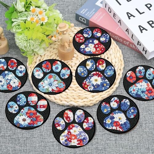 Ekuxom 8 PCS Diamond Art Coasters Kits- Paw Diamond Painting Coasters Kits with Holder Cork Pads-DIY Crystal Full Drill Rhinestone Drink Coaster for Crafts Gifts - Thumbnail 2
