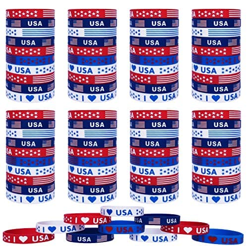 JAKADYUKS 100Pcs American Flag Silicone Bracelets, Fourth 4th of July Party Accessories USA Veterans Day Memorial Day Patriotic Wristband, Red White and Blue Party Favors School Gifts - Image 1