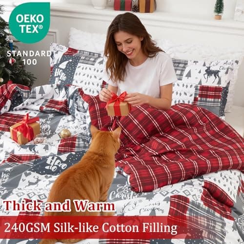 CAROMIO Christmas Comforter Set King Size, Reversible Printed 3 Pieces Bed Set Holiday Decorative Bedding, Soft Microfiber Fabric, 1 Comforter and 2 Pillow Shams (‌Christmas Plaid, King) - Thumbnail 5