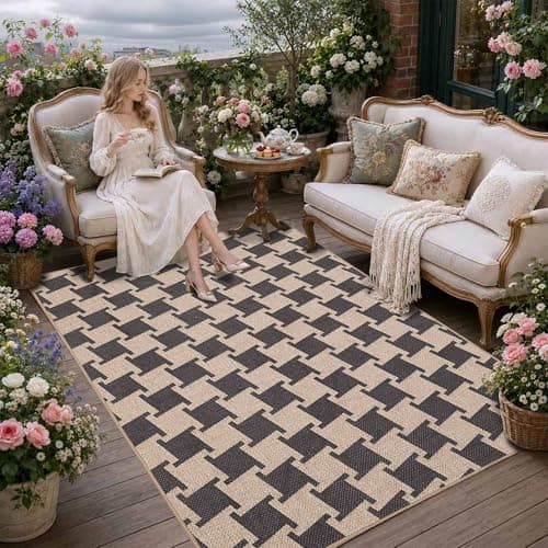 Latte&Fog Modern Checkered Easy Jute 4x6 Rug, Washable Outdoor Patio Rug for Living Room, Black and Brown Contemporary Non Slip Natural Indoor Carpet for Bedroom Backyard Office Dining Room - Thumbnail 4