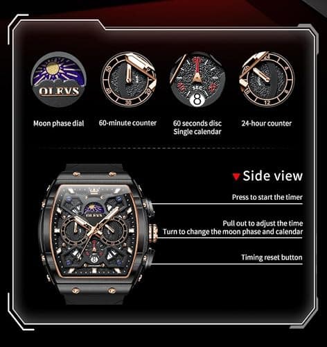 OLEVS Black Watches for Men Luxury Fashion Tonneau Square Large Face Skeleton Mens Watches Rubber Moon Phase Date Waterproof Multifunctional Chronograph Metal Men's Watch Reloj para Hombre - Thumbnail 6