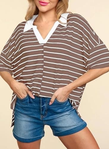 Dokotoo Summer Short Sleeve Shirts for Women 2026 Summer T Shirts for Women Dressy Casual Khaki Striped Trendy Polo Shirts Cute Crop Tops Womens Blouses Color Block Womens Clothes Clothing XL - Thumbnail 5