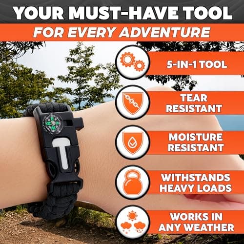 Paracord Bracelets for Men and Women – Adjustable Survival Paracord Bracelet with 11.8 ft Nylon Cord, Flint Fire Starter, Compass, Whistle & Scraper – Camping, Hiking, Fishing Gear (Black & Orange) - Thumbnail 4