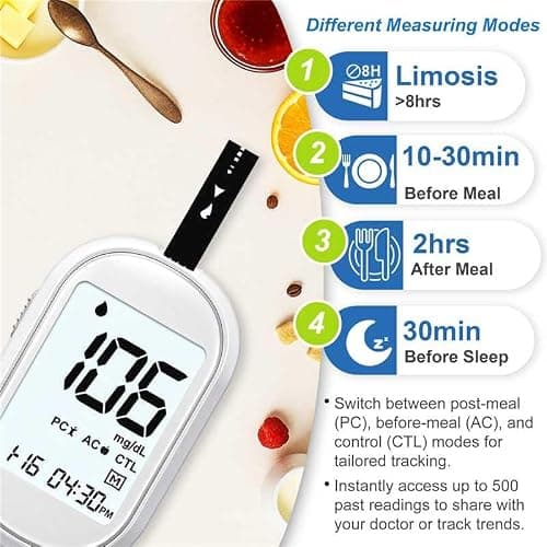 Glucose Monitor Kit, Diabetes Testing Kit with 100 Test Strips & Lancets, High Accuracy Glucose Monitor, Large Bright Screen, PC/AC/CTL Mode, No Coding, Auto Average Calculation - Thumbnail 4