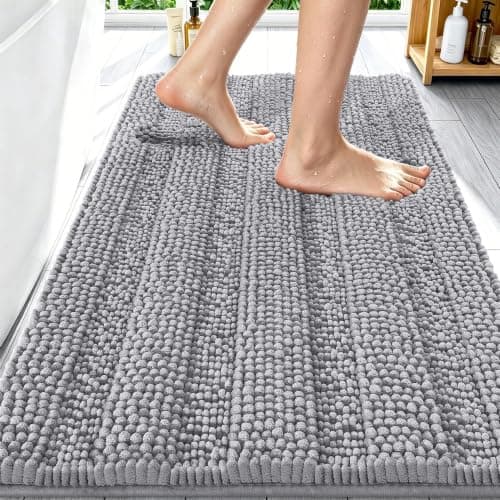 Smiry Thick Chenille Bathroom Rugs 30x20, Extra Soft Absorbent Striped Bath Mat, Machine Washable, Rubber Backing, Bath Rugs for Tub & Shower, Modern Home Decor Accessories, Grey - Image 1