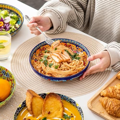 vancasso Pasta Bowls Set of 4, Ceramic Salad Serving Bowls, 42Oz Large Pasta Bowls, 8.7 in Colorful Bowl Plates for Soup, Bohemian Shallow Bowls for Kitchen, Microwave & Dishwasher Safe - Thumbnail 6