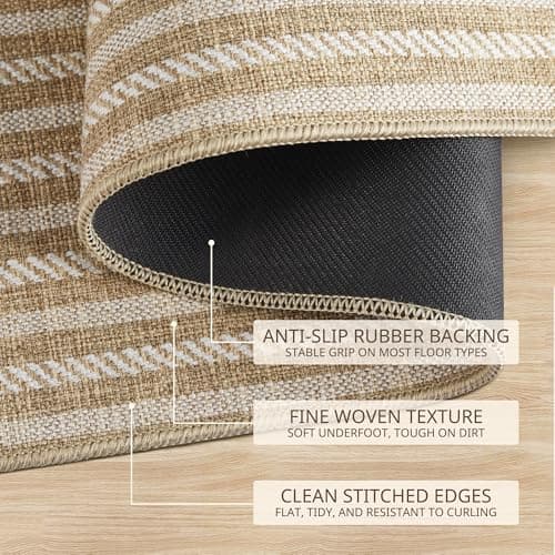 MatEssenz Washable Door Mat 2x3 ft, Inside Welcome Mat, Low Profile Entryway Rug, Neutral Striped Faux Linen, Non-Slip Mudroom & Back Door Mat, Pet Friendly, Khaki - Thumbnail 3