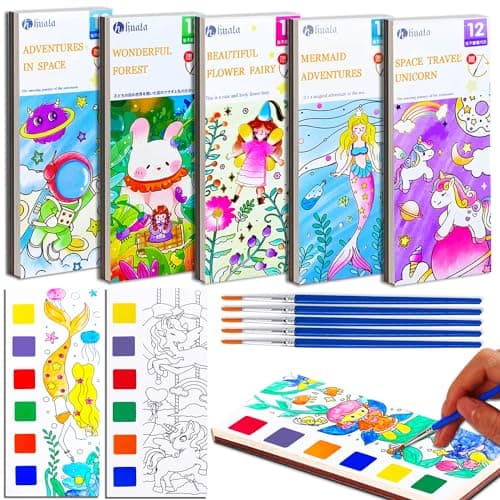 JUNQIU 5Pack Water Color Paint Sets for Kids, Paint With Water Books for Kids Ages 4-8, Pocket Watercolor Painting Book, Arts and Crafts Kit Easter Basket Stuffers For Girls Boys - Image 1
