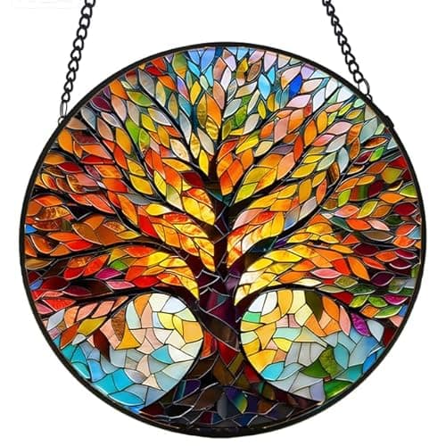 Stained Glass Window Hanging, Tree of Life Sun Catcher, Sun Catchers Indoor Window, Colorful Glass Panel,Suncatcher Room Decor,Gifts for Grandma Mom Wife,Aunt Birthday Gifts for Women 7.8in