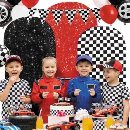 3PCS Arch Backdrop Cover Set (4,5,6FT) for Monster Truck Car Birthday Party Decorations, Boys Race Car Theme Background with Checkered Arch Covers - Thumbnail 5