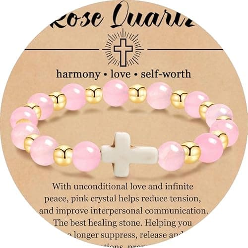 8MM Rose Quartz Bracelet with 18K Gold Beads & Cross - Attract Love, Enhance Harmony & Self - Worth, Handmade Healing Jewelry - Thumbnail 3