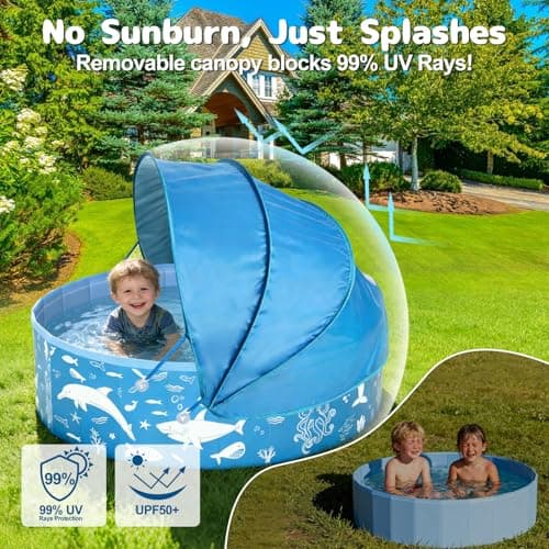 63” Extra Large Kiddie Pool with Canopy, EPN UPF 50+ Sun Shade Baby Pool, No Inflation Foldable Toddler Pool for Backyard Outdoor & Beach, Portable Thickened PVC BPA-Free Kids Water Play Pool, Blue - Thumbnail 2