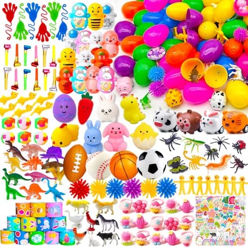 GOAUS Easter Eggs Fillers Eggs Filled for Kids, 220 pcs Small Toys and 100 Eggs Prefilled, Easter Bag Stuffers Prizes for Stuffed Eggs