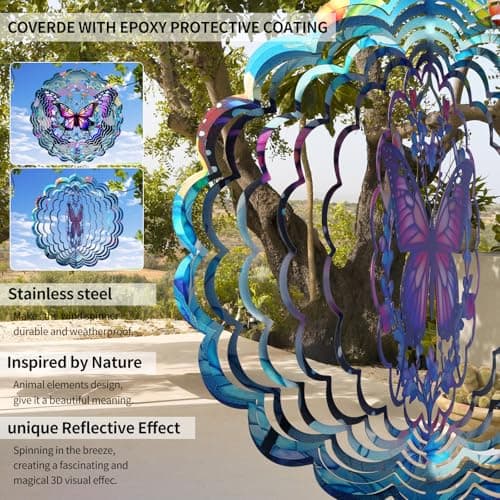 Butterfly Wind Spinner Outdoor - Birthday Gifts for Women, Men, Mom, Father, Garden Decor Gifts, Hanging Wind Sculptures 12 inch 3D Wind Spinners for Outdoor Decor for Outside, Yard, Patio Deals - Thumbnail 3