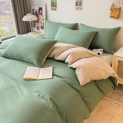 DCSKY Duvet Cover Set - 100% Washed Cotton, 3 Piece Pre-Washed Super Soft Breathable Bedding with Duvet Cover and 2 Pillow Cases (04Green(No Comforter), King (104''x90'')) - Image 1