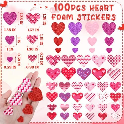 100 PCS Valentines Stickers, Self-Adhesive Foam Heart Stickers Valentines Decor, 3 Sizes Glitter Matte Dots Stripes Foam Stickers, Colorful Valentine Crafts for DIY Card Envelopes Decorations - Thumbnail 2