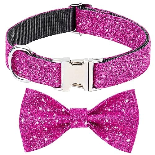 Jumpress Bling Bow Tie Dog Collar and Leash Set, Cute Pink Girl Dog Collar with 5ft Leash for Small Medium Dogs Daily Walking or Holiday Party (Hot Pink, Neck fit 13-19’’) - Thumbnail 2