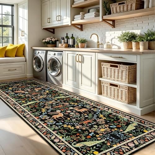 2x6 Black Bathroom Rugs - Washable Floral Runners for Kitchen Floor, Hallway, Low Pile & Soft Non Slip Bedroom Carpet with Rubber Backing, Dark Botanical & Animal Decor - Thumbnail 3
