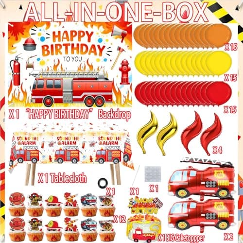 Fire Truck Birthday Party Decorations Kit – Fire Truck Balloon, Firefighter Theme Supplies with Backdrop, Table Cover, Cake Toppers, Balloons for Kids & Boys Rescue Party - Thumbnail 3