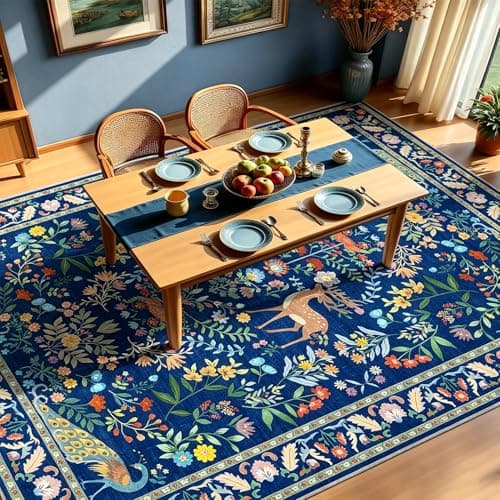 8x10 Blue Farmhouse Rugs for Living Room - Large Unique Washable Area Rug for Bedroom, Dining Room Under Table, Floral & Animal Design, Low Pile Soft Carpet - Thumbnail 3