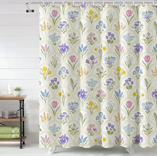 Baccessor Spring Floral Shower Curtain Tulip Daffodil Flower Shower Curtain Neutral Country Rustic Bathroom Bath Decor Waterproof Weighted with Hooks 72 W x72 H Inch - Image 1