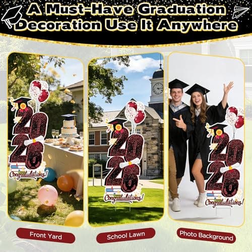 2026 Graduation Decorations Yard Sign, 3.5 FT Tall Class of 2026 Congrats Grad Yard Sign with Stakes for Outdoor Indoor Graduation Party Garden Lawn Decoration Supplies(Wine Red) - Thumbnail 6