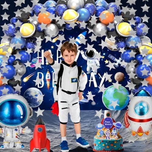 Outer Space Birthday Party Decorations – 96Pcs Set with Backdrop, Table Cover, Star Garland, Rocket & Astronaut Foil Balloons, Cake Topper, Latex Balloons for Space Party, Room Decor - Thumbnail 6