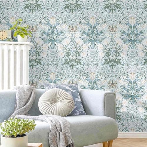 LXCREAT Blue Floral Wallpaper Peel and Stick Vintage Tulip Contact Paper Boho Wall Paper Flower Textured Removable Vinyl Self Adhesive Waterproof for Bedroom Renter Friendly Decor 17.5 in X 118in - Thumbnail 2