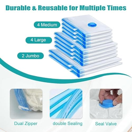 Spylandy Vacuum Storage Bags, 10 Pack with Electric & Manual Pump, Space Saver Compression Bags for Clothes, Blue and White, Nylon, 4 Medium 4 Large 2 Jumbo, (Hand Pump) - Thumbnail 5