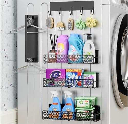 JulktLli 5 Pack Multifunctional Magnetic Shelves for Washing Machine & Refrigerator - Heavy Duty Laundry Room Organization System with Tool Hooks, Metal Storage Baskets (Black)