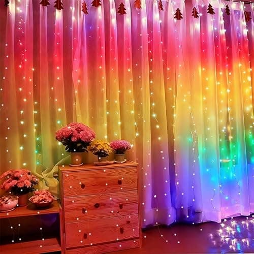 300LED Fairy Curtain Lights, 9.8x9.8Ft Warm White USB Plug in 8 Modes & Timer Christmas String Hanging Lights with Remote for Bedroom Indoor Outdoor Weddings Party Wall Decorations(rainbow) - Image 1