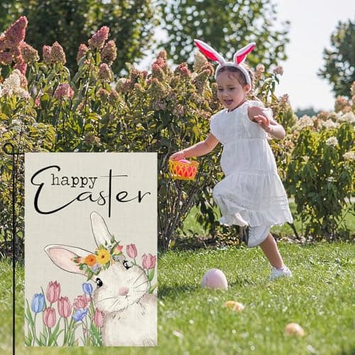 Easter Garden Flag, Bunny Burlap Yard Garden Flag for Easter Outdoor Decorations, Easter Lawn Flag for Outside, Happy Easter Garden Flag 12x18 Inch Double Sided - Thumbnail 4