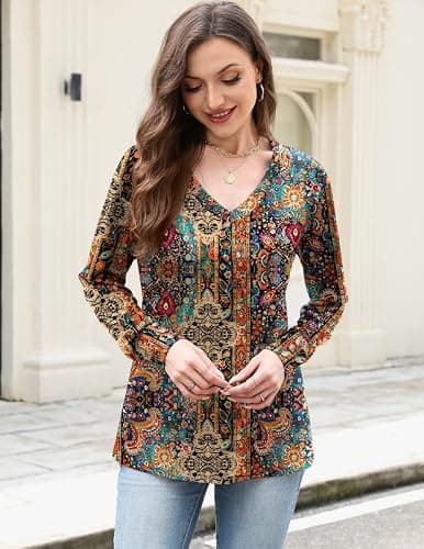 Misakia Womens Tops Dressy Casual 2025 Trendy V Neck Long Sleeve Shirts Flowy Tunic Top Soft Blouses Business Casual Fall Winter Outfits for Women Clothes Ladies Tops - Thumbnail 3